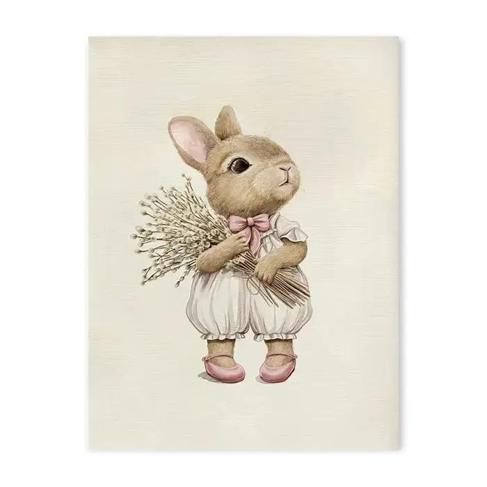 Affiche murale d'art de galerie de pépinière rose, Vintage, chambre d'enfants, lapin cygne, peinture
