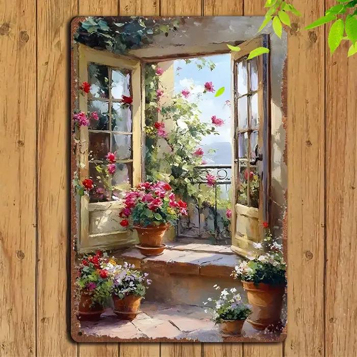 Peinture sur métal 2D - Panneau décoratif métallique vintage pour mur avec motif de jardin et balcon