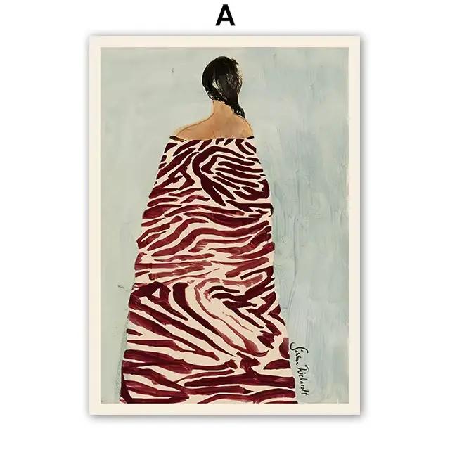 Affiches et imprimés abstraits de visage de ligne de fleur de fille à rayures rouges, peinture sur t
