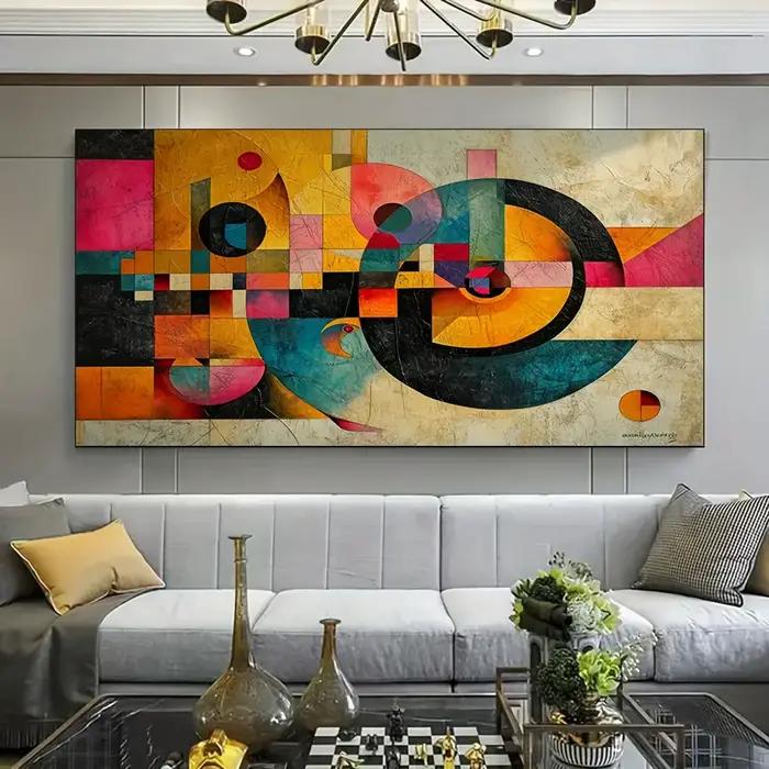 Grande toile d'art abstrait moderne – Conception géométrique vibrante avec un thème d'esprit tourbil