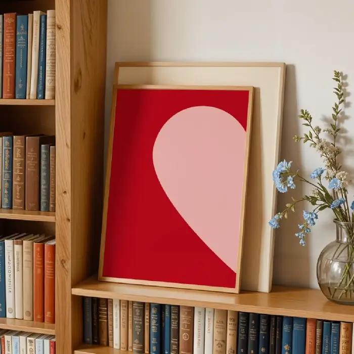Ensemble d'art mural en forme de cœur rétro sans cadre, impression sur toile d'amour rose et rouge,