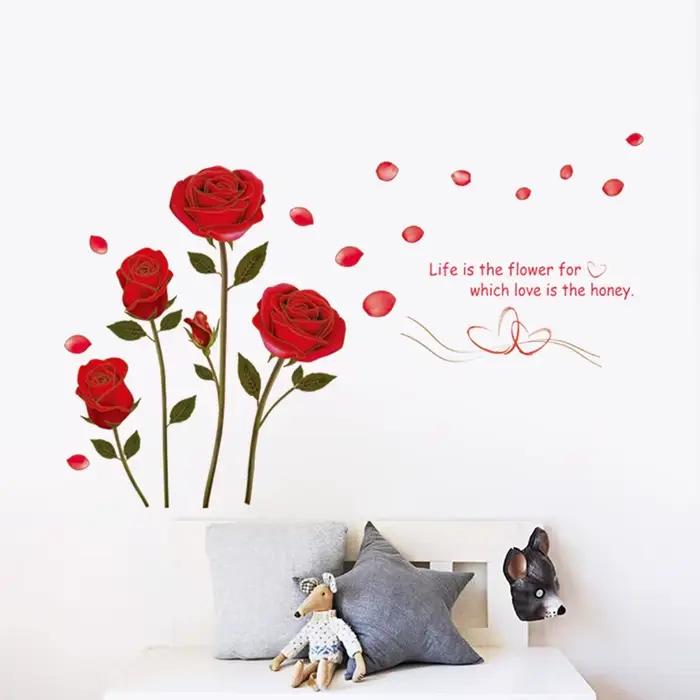 Autocollant mural romantique rose rouge pour chambre à coucher, salon, fond de canapé, décoration in