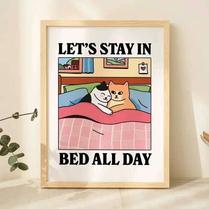 Dessin animé moderne couché confortablement dans le lit mur Art imprime toile peinture affiche photo