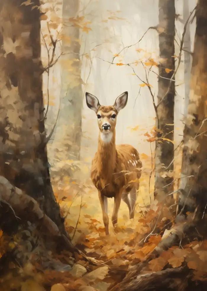 Peinture sur toile champêtre d'automne, champ, bouleau, cerf, nature morte, feuilles d'automne, vase