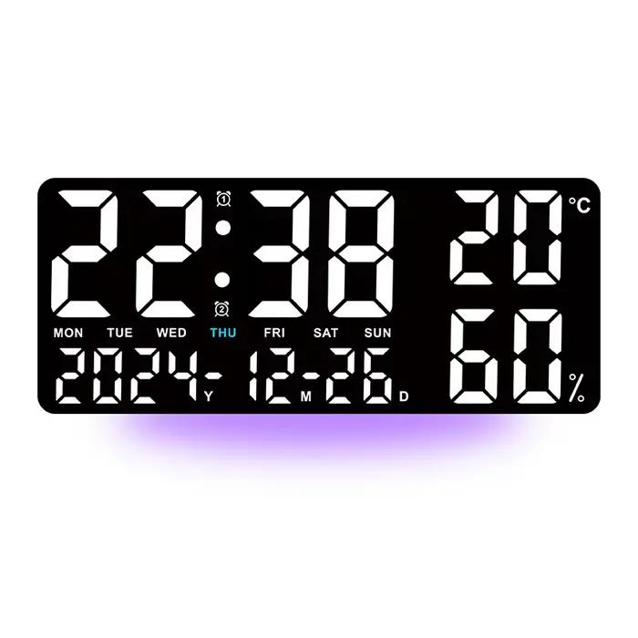 Grande horloge murale numérique avec 7 couleurs, lumière d'ambiance, télécommande, double alarme, co