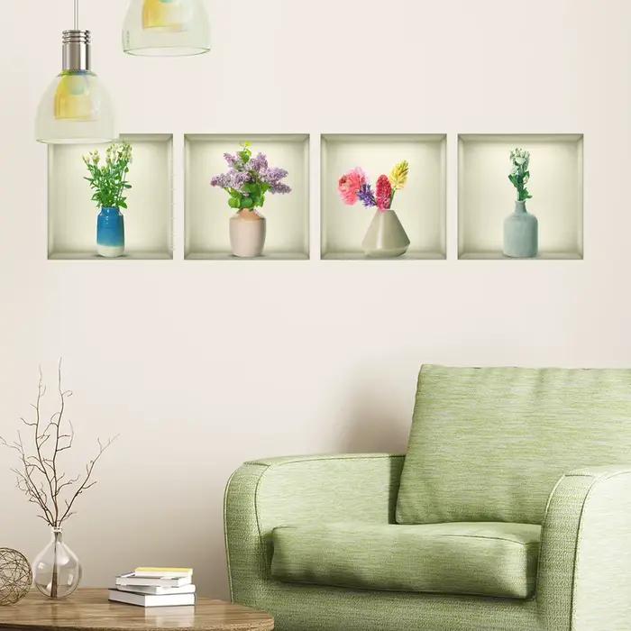 Autocollant mural en forme de vases et de fleurs, pour armoire, décoration de fond de salon, papier