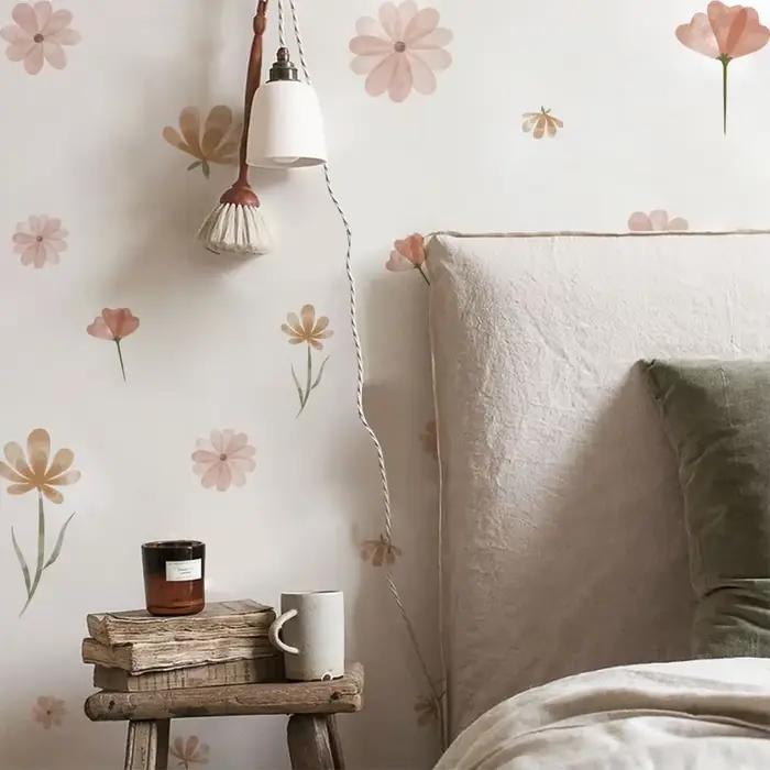 Autocollant mural fleur bohème aquarelle pour chambre d'enfant, salon, décoration d'intérieur, art é