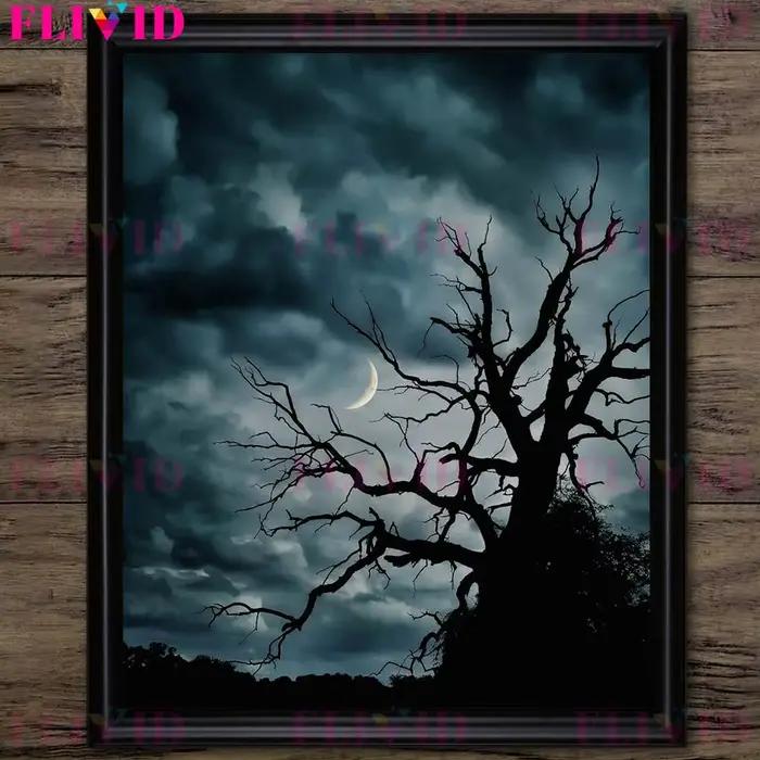 Toile d'Art Mural Vintage avec Bois et Lacs Eeries la Nuit, Peinture de Paysage de la Jungle et de l