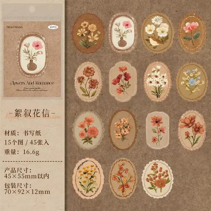 Autocollants en papier de la série Fleurs et Romance, motifs floraux vintage, paysages, autocollants