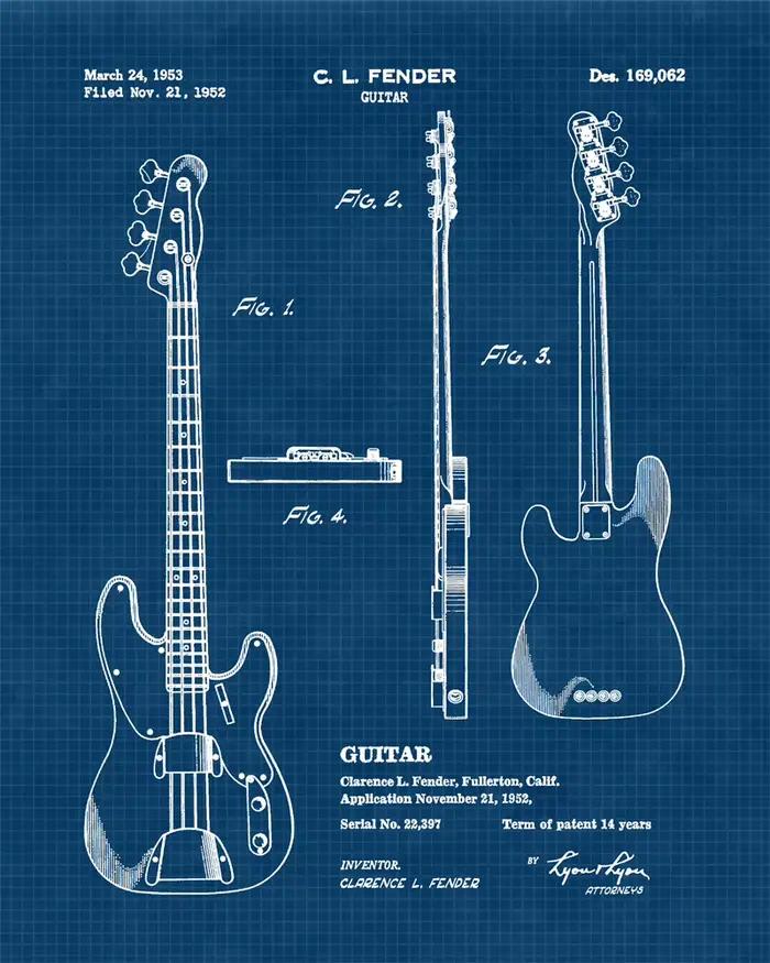 Affiche murale en toile pour guitares basses électriques Vintage, imprimés brevetés, décor artistiqu