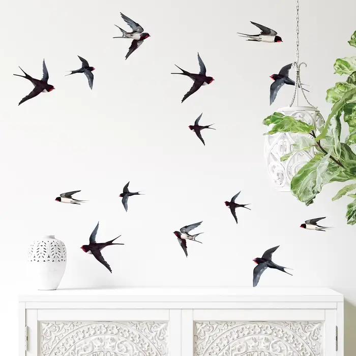 Autocollants muraux d'oiseaux d'hirondelles multiples d'interconnexion, décoration de salon, fond de