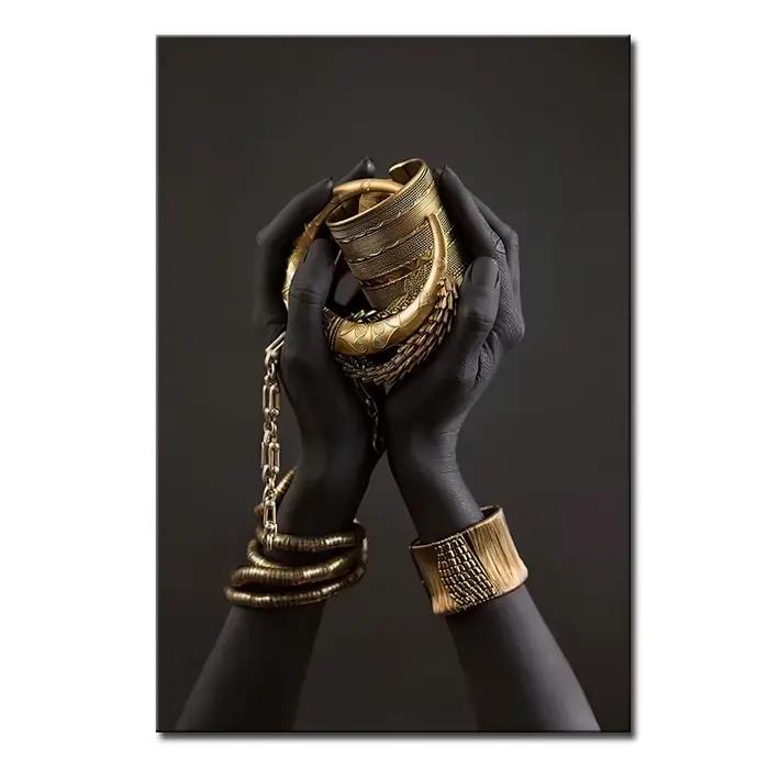 Affiche de peinture sur toile d'art africain, main noire et or avec geste d'or, impressions d'art mu