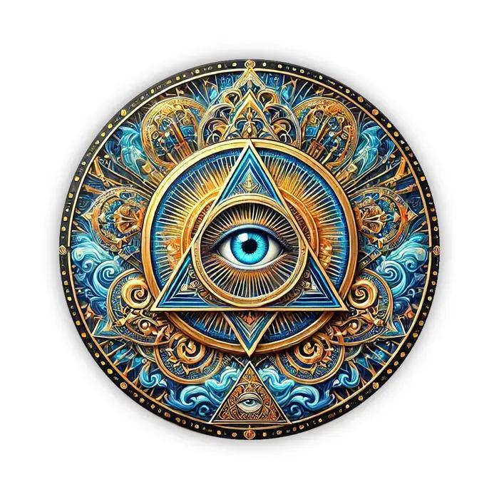 Mural Mystical Eye of Providence – Art mural circulaire en aluminium avec pièce maîtresse couronne o