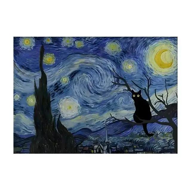 Peinture à l'huile de Van Gogh la nuit étoilée, drôle, chat, toile, art mural, célèbre, affiche noir