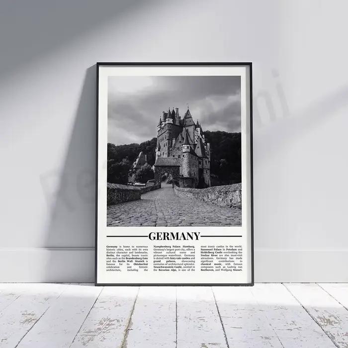 Affiche de voyage en noir et blanc, Paris, France, mer, Tour Eiffel, Suisse, Zurich, Allemagne, Biel