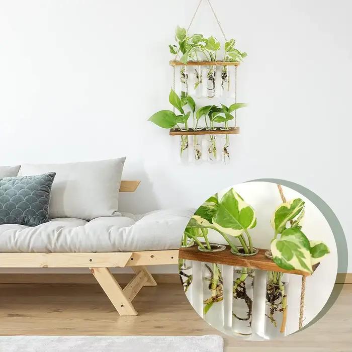 Tube à essai mural, Vase pour plantes de jardinière en verre avec support en bois et corde à cordes,