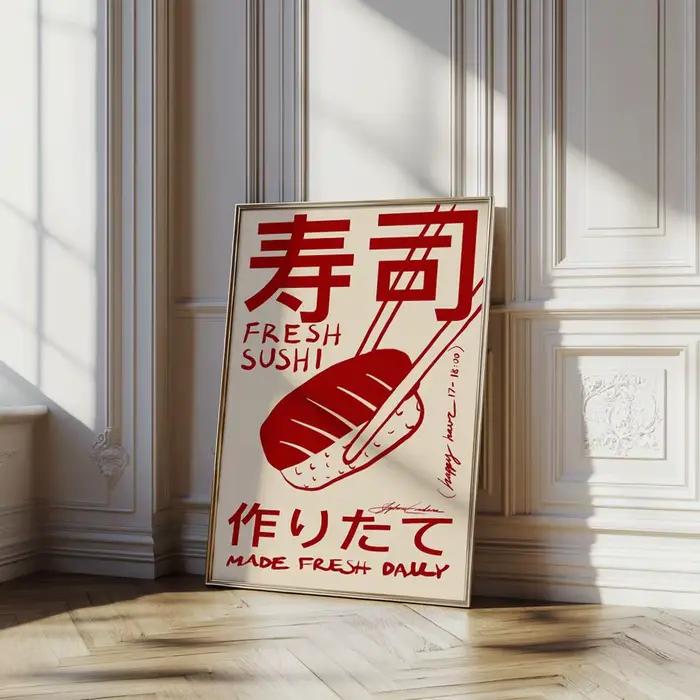 Affiche de sushi Japandi, Art mural japonais, Décoration de cuisine, Art mural rétro, Illustration d