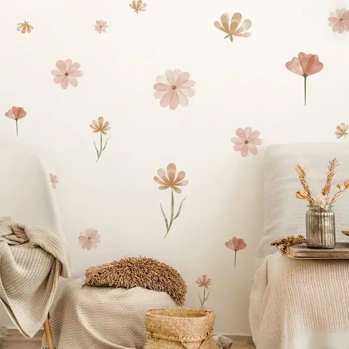 Autocollant mural fleur bohème aquarelle pour chambre d'enfant, salon, décoration d'intérieur, art é