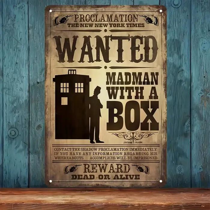 Pancarte en métal vintage rétro, design inspiré de Doctor Who, avec silhouette TARDIS et proclamatio