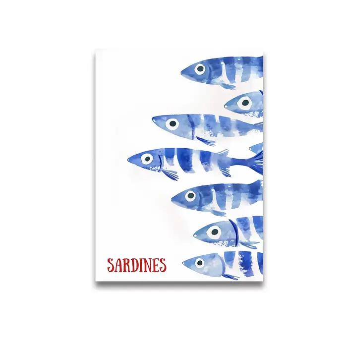 Affiche en toile de sardine bleue rétro, imprimés d'art muraux d'animaux de Style méditerranéen, cad