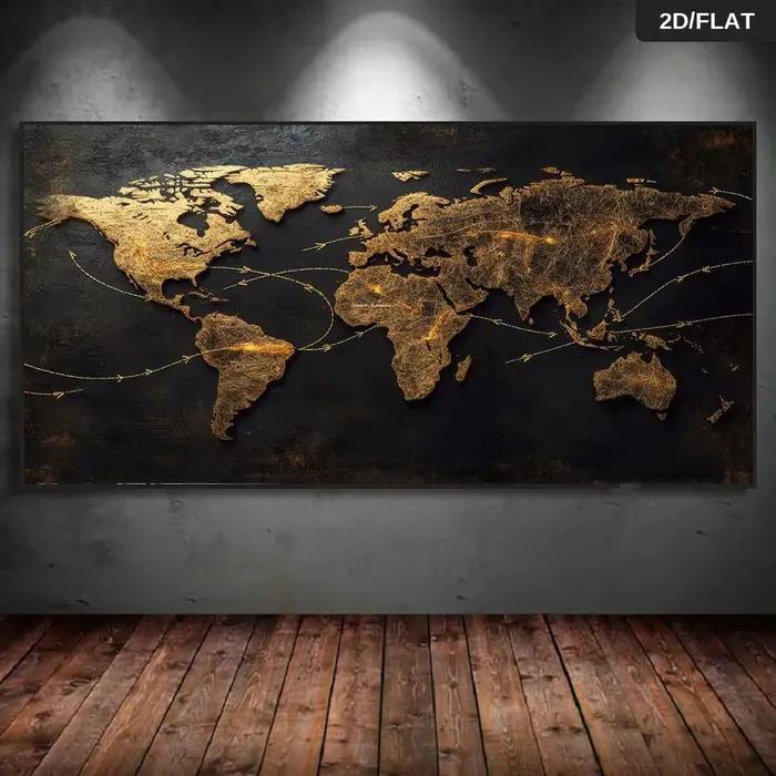 Une peinture murale abstraite moderne de carte du monde dorée avec des flèches de liaison, dotée d'u
