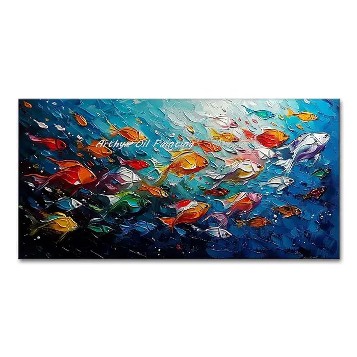 Arthyx, peinture à l'huile sur toile d'école de poissons d'art texturé d'océan bleu sur toile, grand