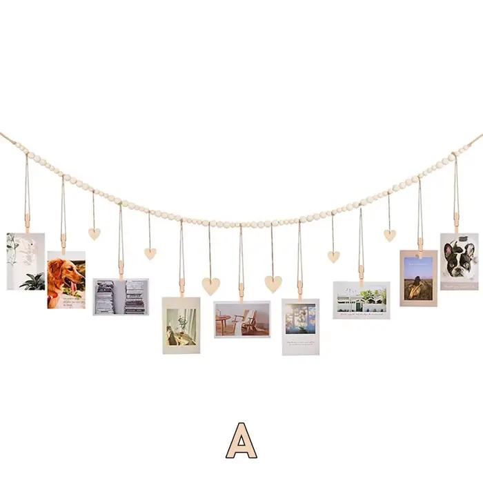 Décoration murale pour photos suspendues - Guirlande rustique bohème en perles de bois avec 9 pinces
