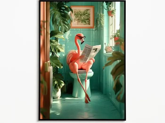 Affiches d'impression sur toile de flamant rose fantaisiste lisant un journal, décoration vintage ve