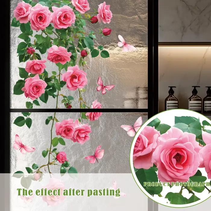 Autocollant de fenêtre de vigne de fleur 1 pièce, design de rose rose et de papillon, autocollant mu