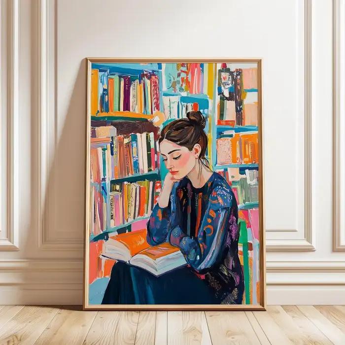 Affiche d'art de librairie pour femme, peinture de femme, affiche de lecture, décoration murale mign