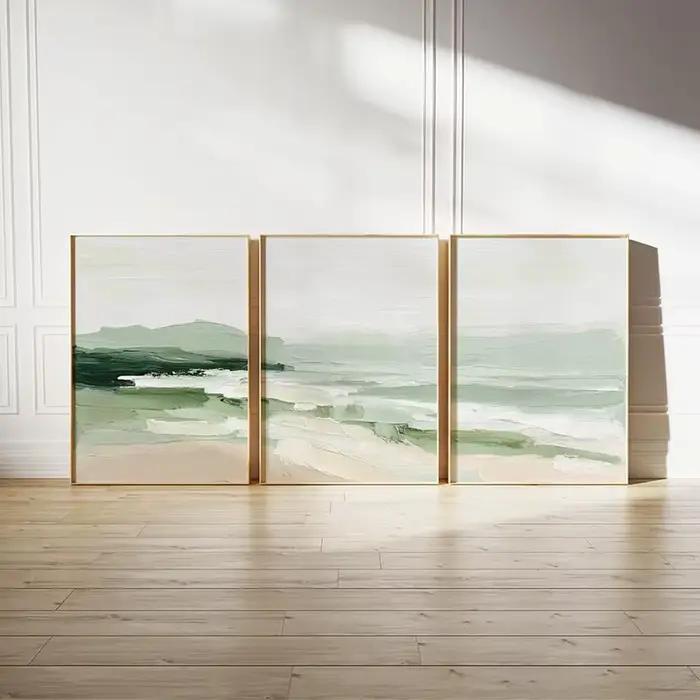 Affiches de vagues côtières vertes, 3 pièces, peintures sur toile, paysage marin neutre, décoration
