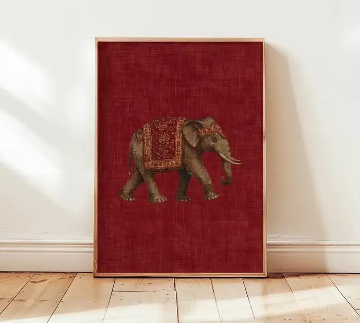 Impression de motif d'éléphant indien, art mural textile rouge, décoration tribale bohème, affiche a