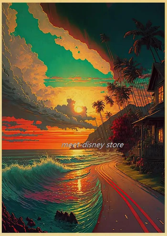 Affiche de paysage de crépuscule de forêt de bord de mer
