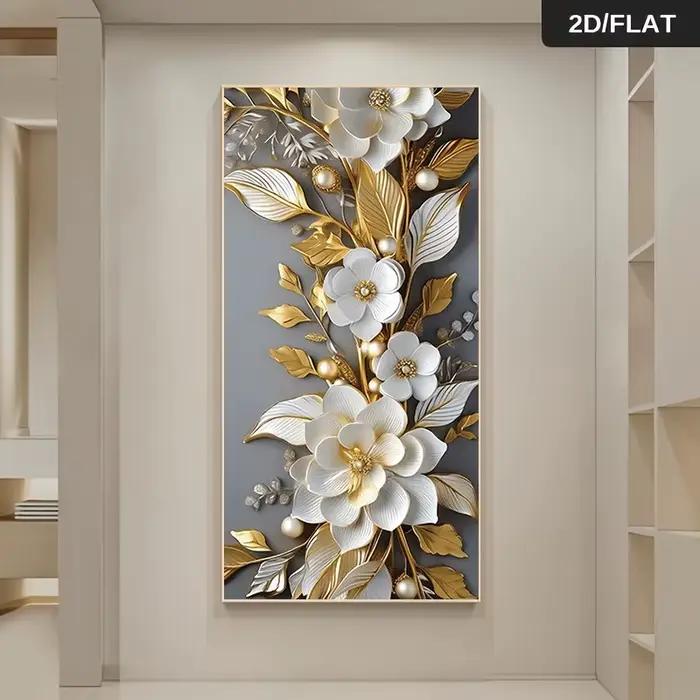 1 peinture sur toile moderne et luxueuse avec des fleurs dorées et blanches