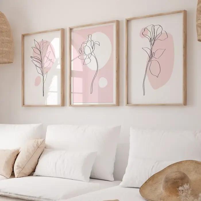 Lot de 3 tableaux muraux botaniques roses – Décoration murale botanique – Affiche d'art linéaire