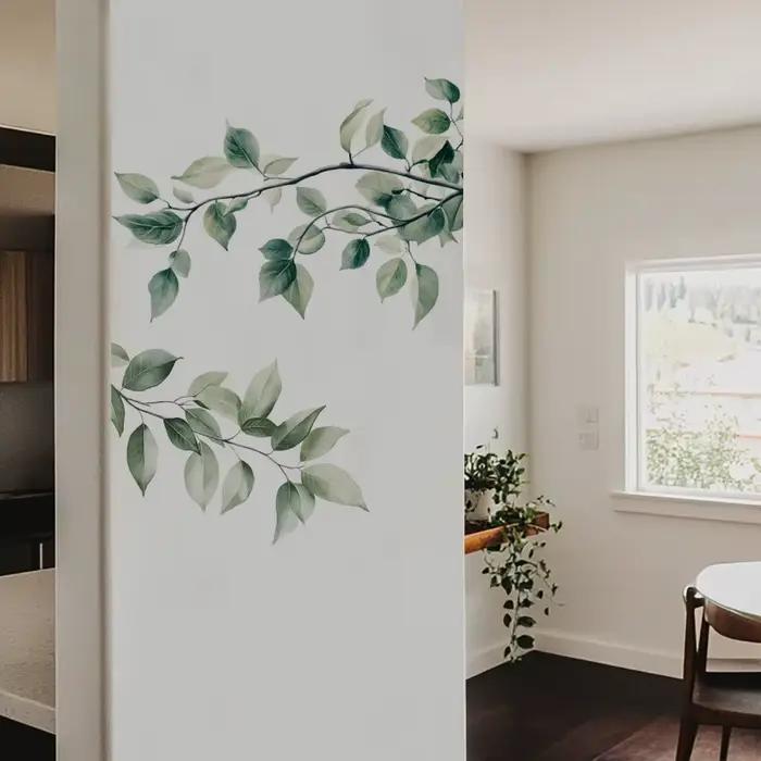 Branches d'arbre fraîches feuilles vertes autocollants muraux chambre salon entrée décoration de la maison