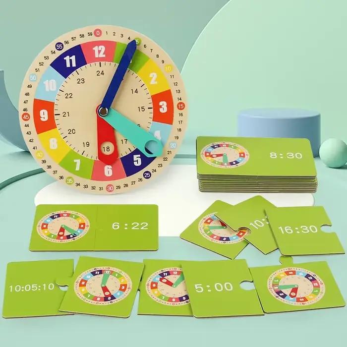 Horloge en bois modèle aide pédagogique horloges d'apprentissage avec cartes jouet de maternelle pour jeu Interaction temps Cognition