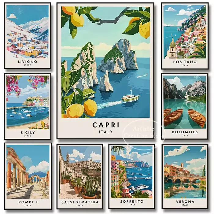 Aquarelle italie voyage villes italiennes côte Amalfi Alberobello Capri Tour affiche esthétique toile mur Art photos décor à la maison