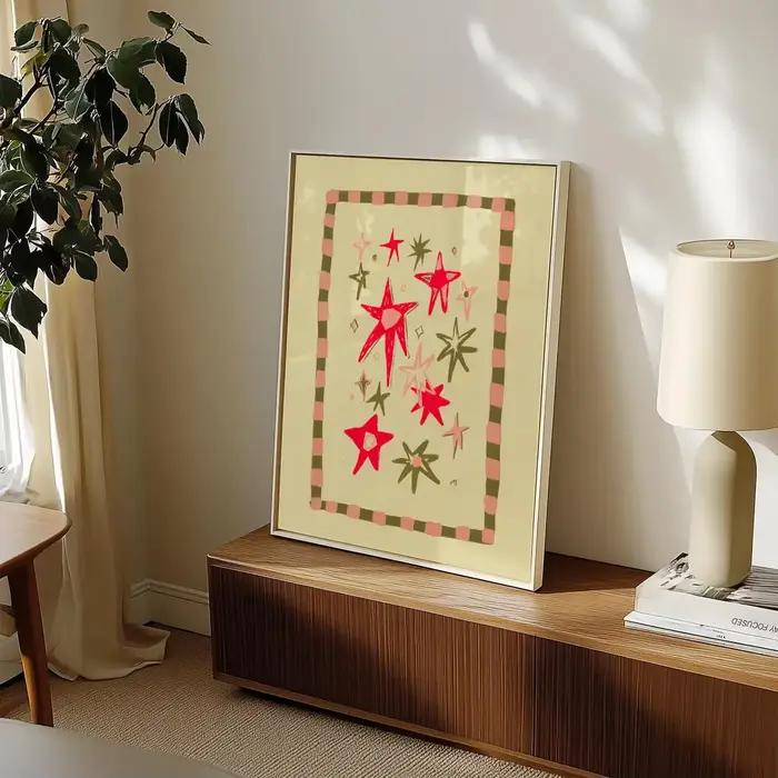 Impression murale encadrée fantaisie motif étoile éclatante - Art moderne du milieu du siècle ludique pour accentuer le