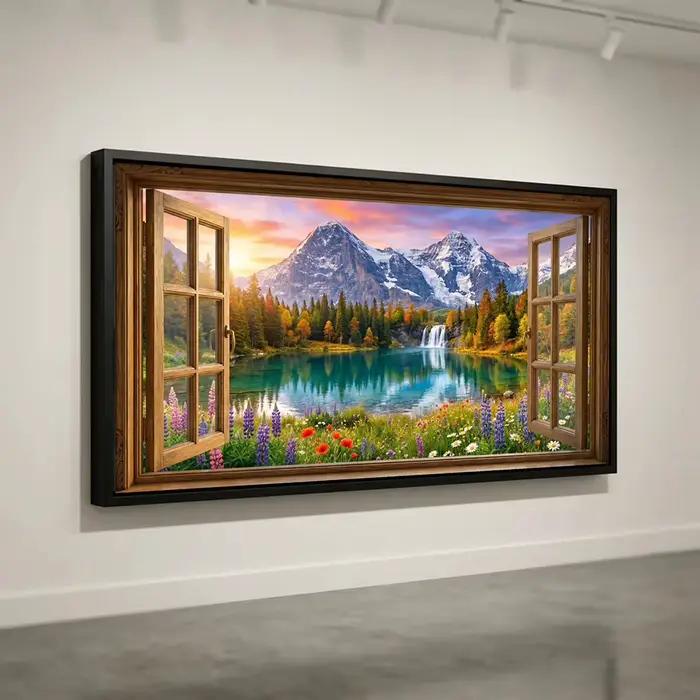 Vue sur le lac de montagne depuis une fenêtre ouverte, toile, art mural, cascade et fleurs sauvages, toile de paysage naturel pittoresque