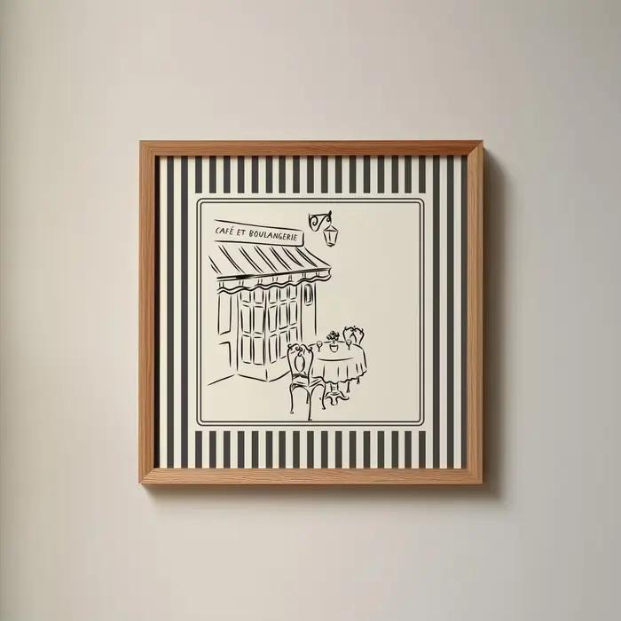 Impression de café français à rayures noires et blanches, illustration minimaliste, téléchargements numériques, impression artistique, idée cadeau, esthétique