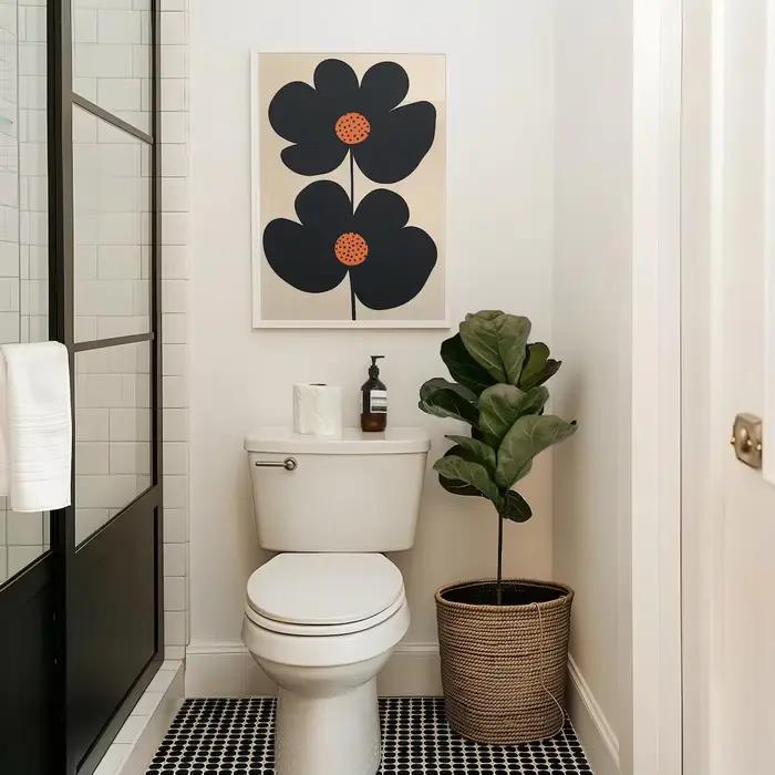 "Imprimé d'art floral minimaliste moderne du milieu du siècle : design double fleur noir audacieux avec des centres de