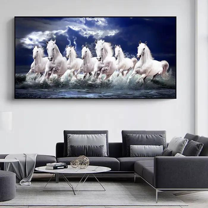 Toile de 7 chevaux de course blancs