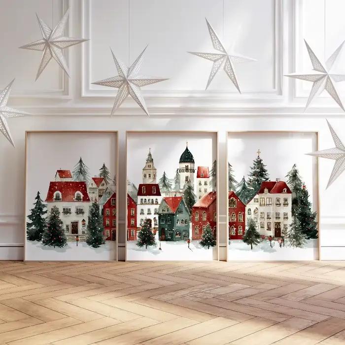 Ensemble d'imprimés de Village de noël, 3 peintures de ville d'hiver enneigées, affiche imprimée pour salon, décoration de père noël