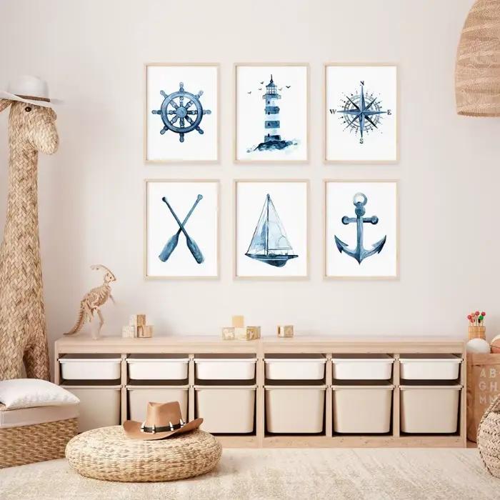 Affiches nautiques côtières aquarelle bleue