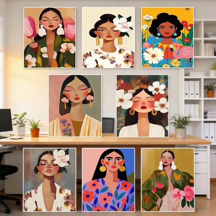 Peinture sur toile moderne minimaliste de portrait féminin floral