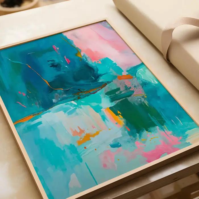 Ensemble de 2 impressions d'art abstrait rose et turquoise vives et colorées