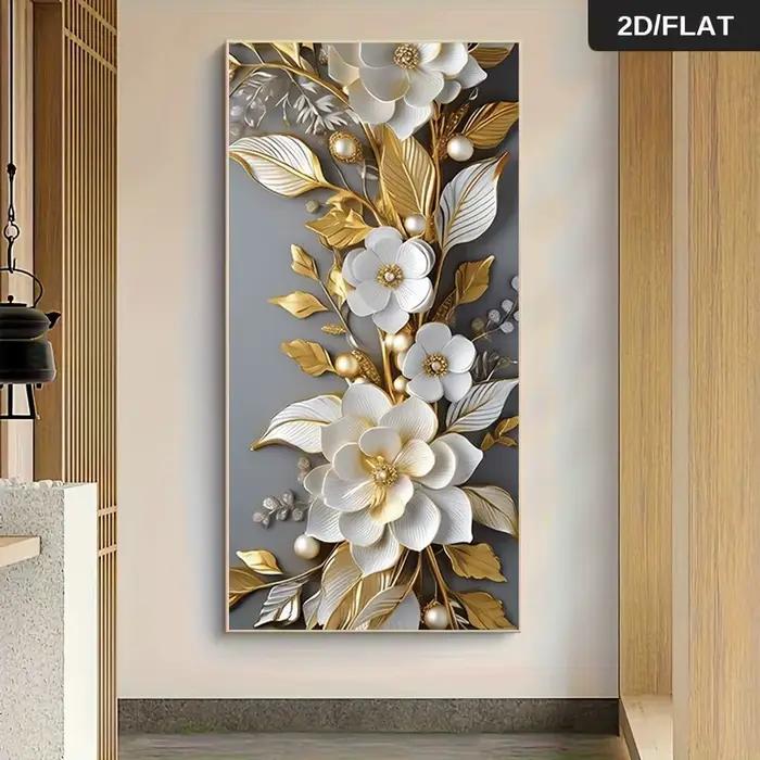 1 peinture sur toile moderne et luxueuse avec des fleurs dorées et blanches