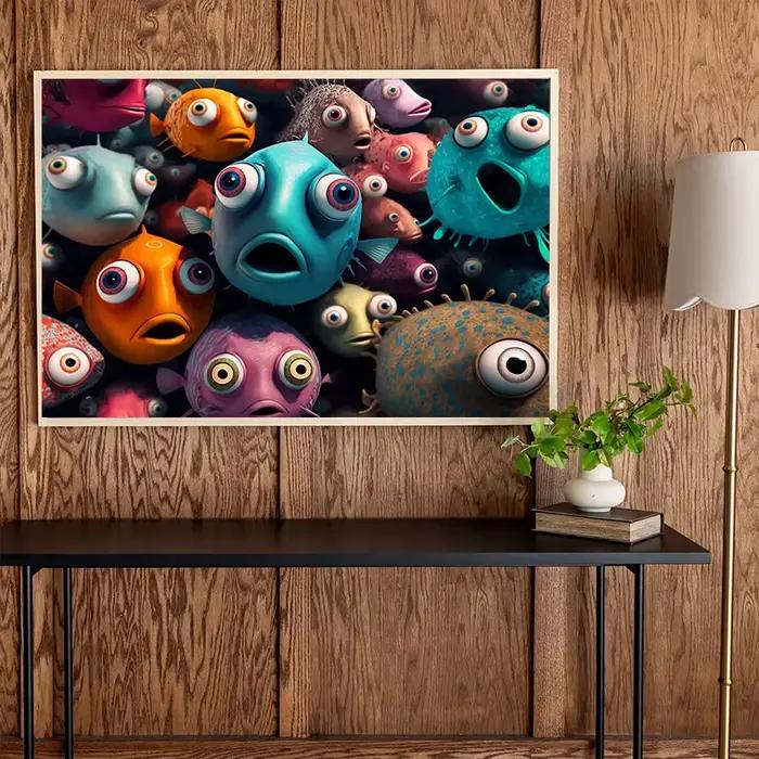 Affiche d'art mural de poisson de dessin animé animal drôle sans cadre