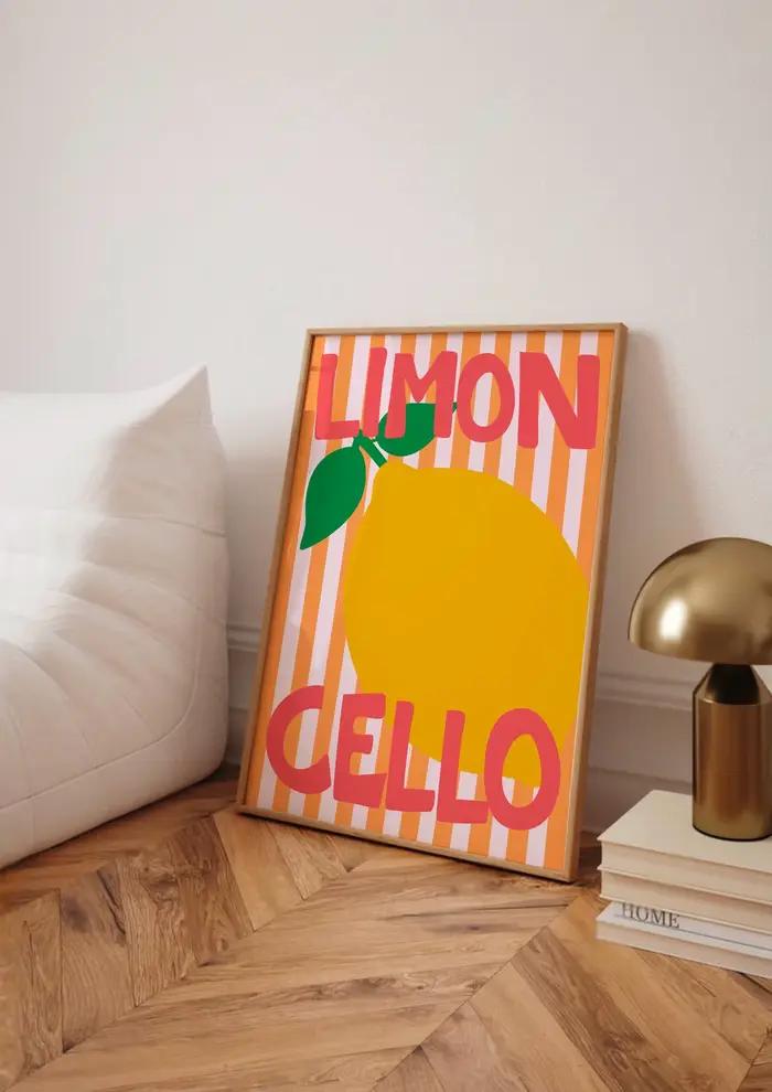 Impression sur toile moderne avec motif de limoncello italien et de citron - Affiche sur toile minimaliste d'été sans cadre pour la décoration du salon et de la cuisine
